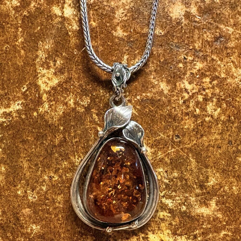 Sterling Silver & Baltic Amber Pendant w/ Calla Lily Designs 25 Inches Fox Tail